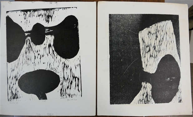 2 1960's Wood Block Prints by North Carolina Artist Norbert Irvine (1937 - 2015) - Heads Up Number 7 - 8 Dated 1966 and Unsigned Wood Block - Signed Art Measures 17 1/2 by 15 1/2