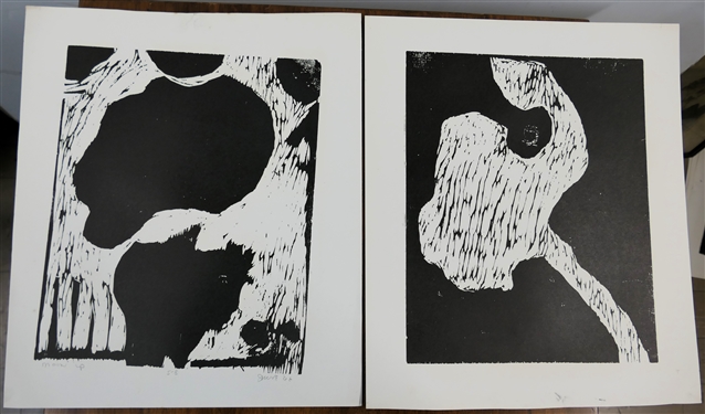 2 1960's Wood Block Prints by North Carolina Artist Norbert Irvine (1937 - 2015) - Moon Up Number 5-8 Artist Signed and Dated 1966 and Unsigned Wood Block - Signed Art Measures 17 1/2 by 15 