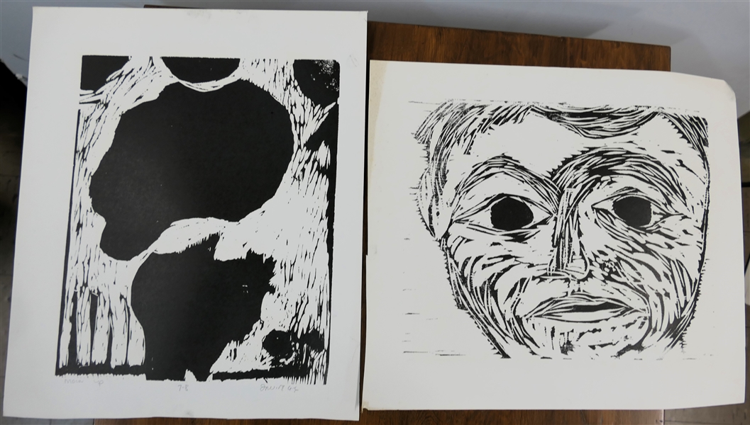 2 1960s Wood Block Prints by North Carolina Artist Norbert Irvine (1937 - 2015) - "Moon Up" Number 7-8 Artist Signed and Dated 1966 and Unsigned Wood Block of a Face - Signed Art Measures 17 1/2"...