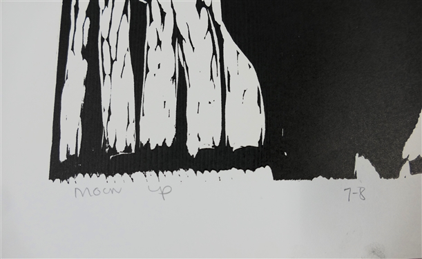 2 1960's Wood Block Prints by North Carolina Artist Norbert Irvine (1937 - 2015) - Moon Up Number 7-8 Artist Signed and Dated 1966 and Unsigned Wood Block of a Face - Signed Art Measures 17 1/2...