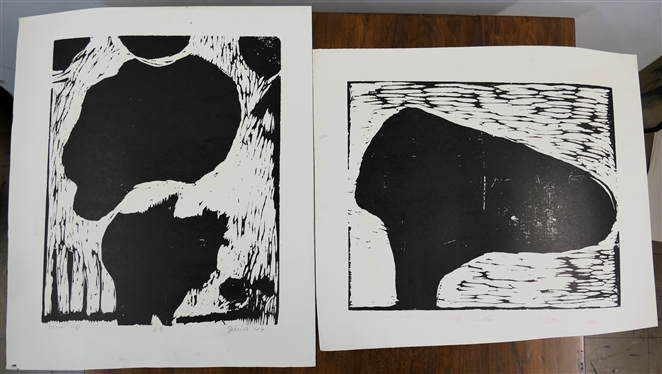 2 1960's Wood Block Prints by North Carolina Artist Norbert Irvine (1937 - 2015) - Moon Up Number 6-8 Artist Signed and Dated 1966 and Unsigned Wood Block - Signed Art Measures 17 1/2 by 15 