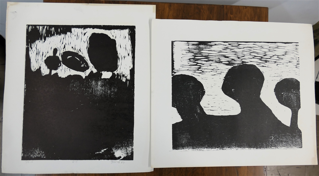 2 - 1960s Wood Block Prints by North Carolina Artist Norbert Irvine (1937 - 2015) - "Trio" Number 5 -11 Dated 1966 and Other Unsigned Wood Block Print - Signed Print Measures 17 1/2" By 15 1/2"