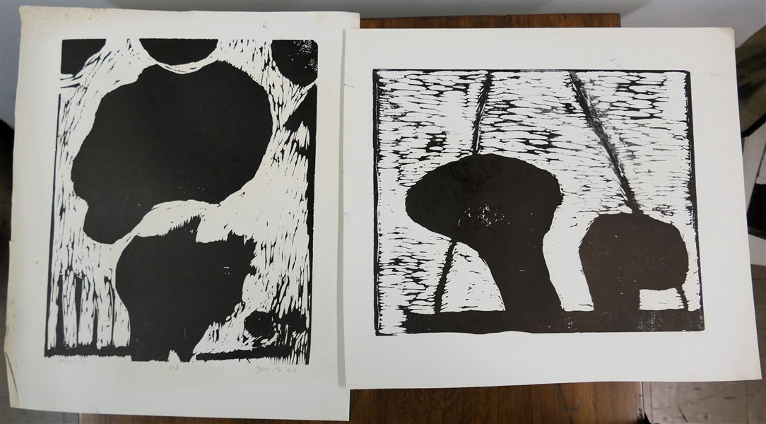 2 1960s Wood Block Prints by North Carolina Artist Norbert Irvine (1937 - 2015) - "Moon Up" Number 4-8 Artist Signed and Dated 1966 and Unsigned Wood Block - Signed Art Measures 17 1/2" by 15" 