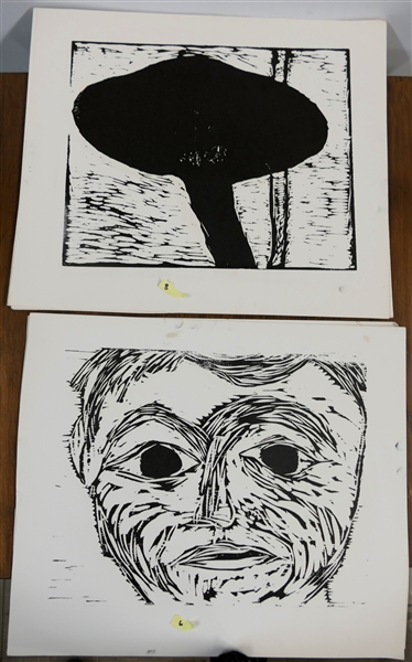 Collection of 14 Wood Block Prints by North Carolina Artist Norbert Irvine (1937 - 2015) 6 Copies of the Face Wood Block and 8 of Mushroom Wood Block - Face Prints Measure 15" by 17 1/2"