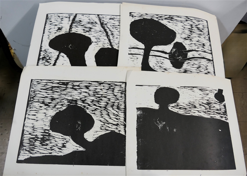 8 1960s Norbert Irvine Wood Block Prints - North Carolina Artist Norbert Irvine (1937 - 2015) - 4 Different Prints - All Measuring Approx - 15" by 17 1/2"