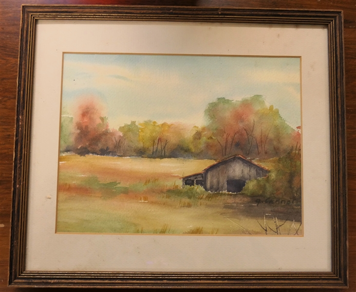Fall Scene Watercolor Painting - Signed By Artist J. Cannon- Framed and Matted - Frame Measures 11" by 12 1/2" 
