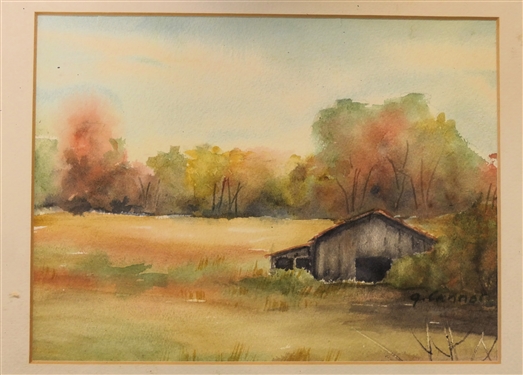 Fall Scene Watercolor Painting - Signed By Artist J. Cannon- Framed and Matted - Frame Measures 11 by 12 1/2 