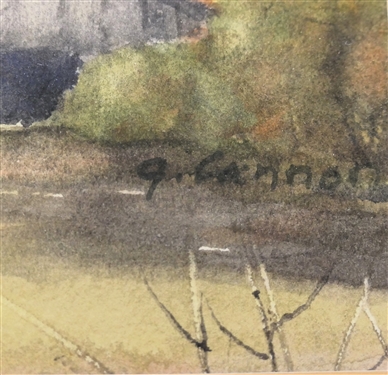 Fall Scene Watercolor Painting - Signed By Artist J. Cannon- Framed and Matted - Frame Measures 11 by 12 1/2 