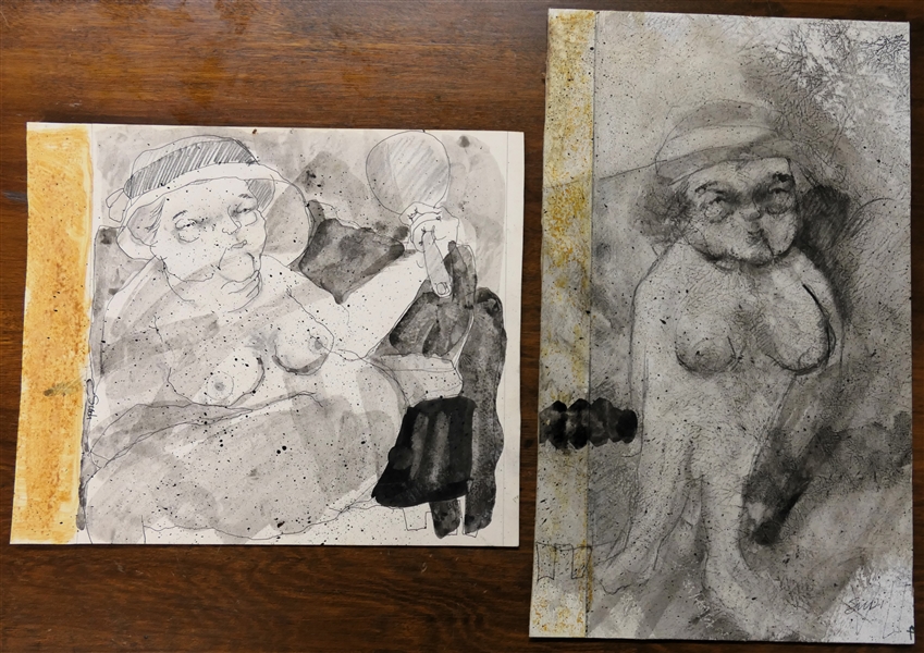 2 Pen and Ink Drawings by Sudi Park -North Carolina Artist - Woman with Mirror Measures 8" by 9 1/2" Other Measures 12 1/4" by 7 1/4"