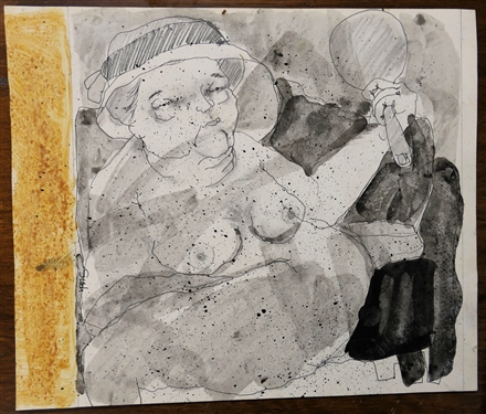 2 Pen and Ink Drawings by Sudi Park -North Carolina Artist - Woman with Mirror Measures 8 by 9 1/2 Other Measures 12 1/4 by 7 1/4