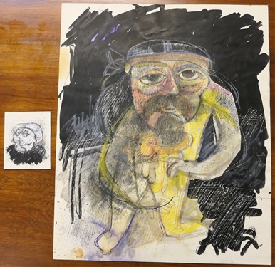 2 Pen, Ink, and Watercolor Drawings by Sudi Park - North Carolina Artist - Largest on Paper Measures 17 by 14 Smaller on Board - Art Work #18 - Measures 3 3/4 by 3 1/8 