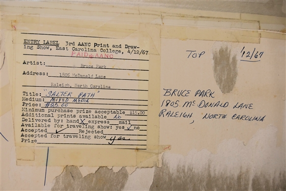 Salter Path Mixed Media Artwork by Bruce Park - Raleigh, NC Artist - Dated 12/67- Gallery and Exhibition Labels - Mat Measures 16 by 21 1/2