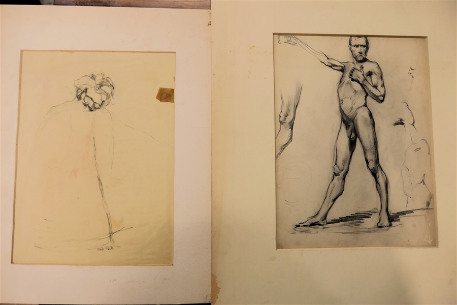 Sudi Park 1971 Pencil Drawing On Vellum Paper and Unsigned Male Nude Study in Charcoal - Nude Measures 20" by 16"