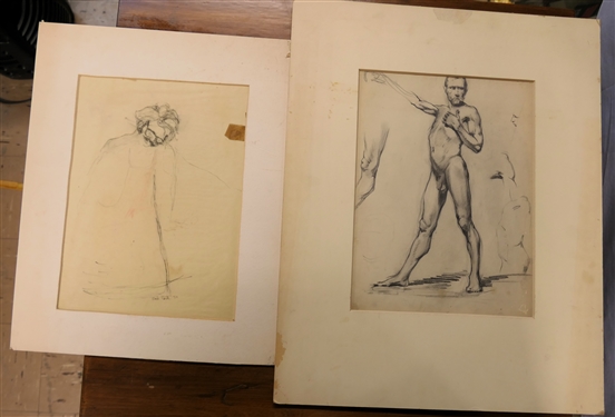 Sudi Park 1971 Pencil Drawing On Vellum Paper and Unsigned Male Nude Study in Charcoal - Nude Measures 20 by 16