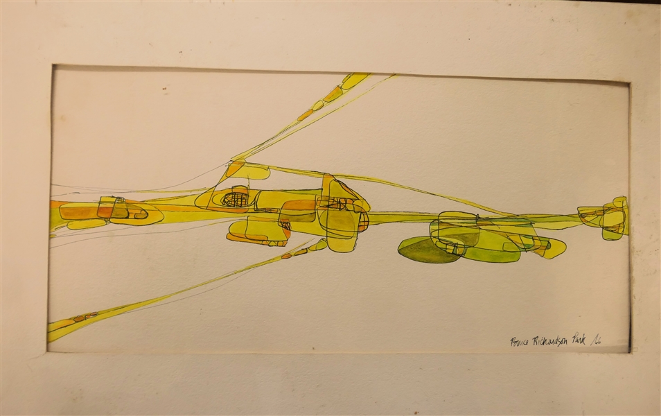 Bruce Richardson Park Ink and Watercolor Drawing Dated 1966 - Yellow and Green Abstract Figures - Matted - Mat Measures 14 1/4" by 22" 