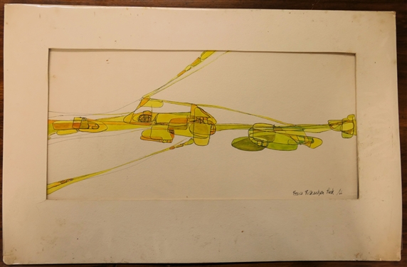 Bruce Richardson Park Ink and Watercolor Drawing Dated 1966 - Yellow and Green Abstract Figures - Matted - Mat Measures 14 1/4 by 22 