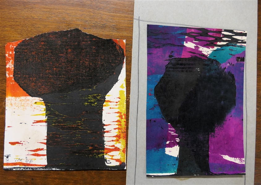 2 Smaller Artworks by Norbert Irvine - Black and Orange Dated 1966 and Purple, Teal, and Black Dated 1966 - Art Measures 6" by 4 1/4" 