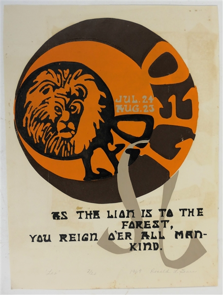 "Leo" Number 2/20 by North Carolina Artist Ronald L. Sears - Dated 1969 - "As The Lion Is To The Forest, You Reign Oer All Man - Kind" - Art Measures 14" by 10 1/2" 