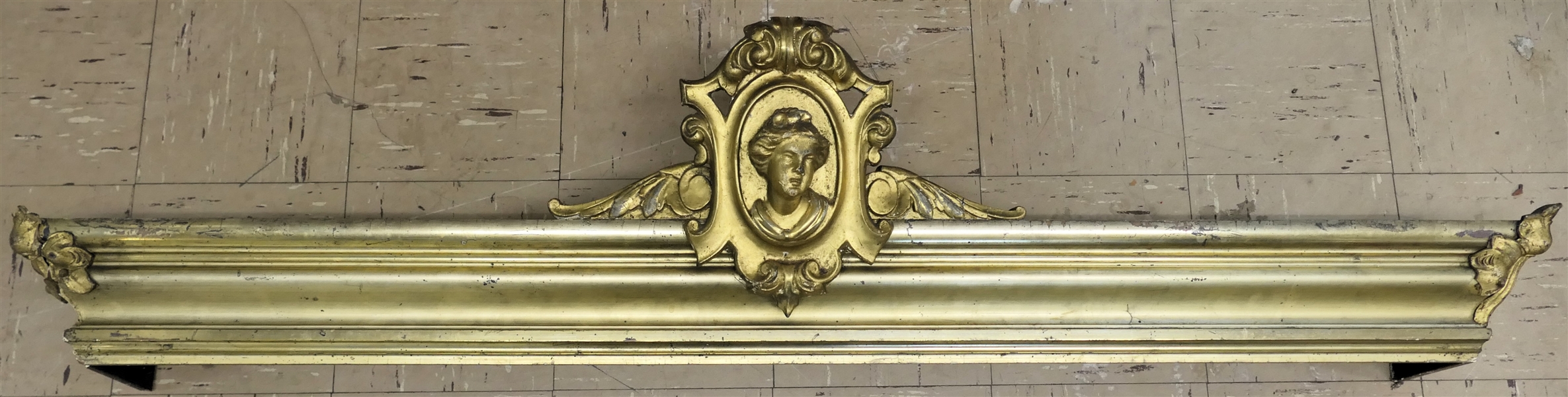 Incredible 19th Century Giltwood Window Cornice - Womans Bust in Center - Ornate Center Crest and Corner Pieces - From Longgrass Plantation - Overall Measures 55"