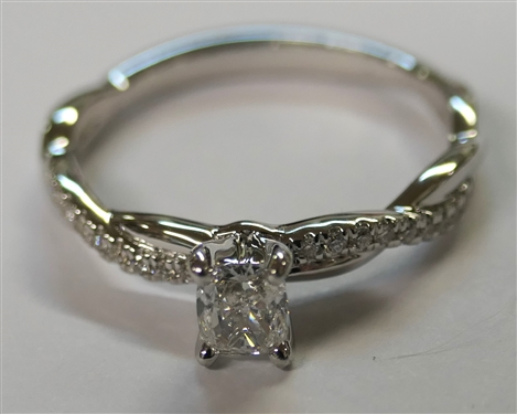 Very Beautiful Blue Nile Diamond Engagement Ring - New Never Presented - Petite Twist Diamond Engagement Ring in 14kt White Gold - Center Diamond GIA Certified .42 Carat, D Color, IF Clarity -...