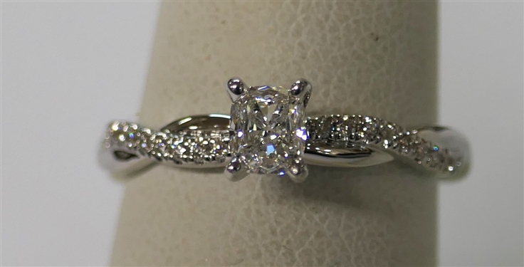 Very Beautiful Blue Nile Diamond Engagement Ring - New Never Presented - Petite Twist Diamond Engagement Ring in 14kt White Gold - Center Diamond GIA Certified .42 Carat, D Color, IF Clarity -...