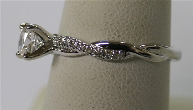 Very Beautiful Blue Nile Diamond Engagement Ring - New Never Presented - Petite Twist Diamond Engagement Ring in 14kt White Gold - Center Diamond GIA Certified .42 Carat, D Color, IF Clarity -...