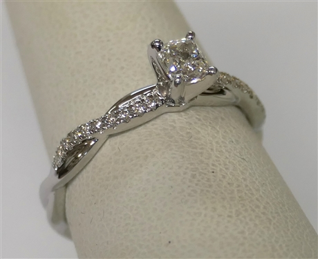 Very Beautiful Blue Nile Diamond Engagement Ring - New Never Presented - Petite Twist Diamond Engagement Ring in 14kt White Gold - Center Diamond GIA Certified .42 Carat, D Color, IF Clarity -...