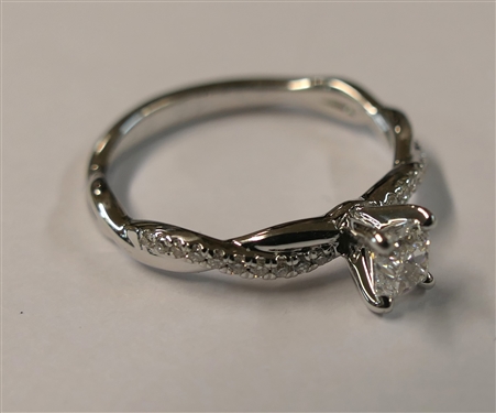 Very Beautiful Blue Nile Diamond Engagement Ring - New Never Presented - Petite Twist Diamond Engagement Ring in 14kt White Gold - Center Diamond GIA Certified .42 Carat, D Color, IF Clarity -...