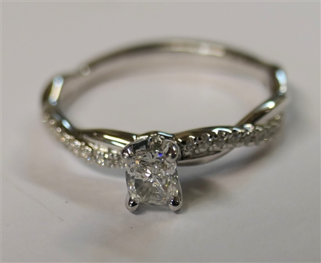 Very Beautiful Blue Nile Diamond Engagement Ring - New Never Presented - Petite Twist Diamond Engagement Ring in 14kt White Gold - Center Diamond GIA Certified .42 Carat, D Color, IF Clarity -...