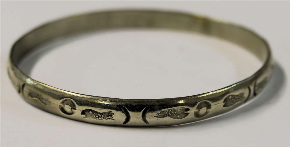 Mexican Sterling Silver Bangle Bracelet with Hand Stamped Fish - Marked 925 Mexico
