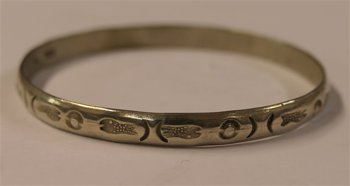 Mexican Sterling Silver Bangle Bracelet with Hand Stamped Fish - Marked 925 Mexico