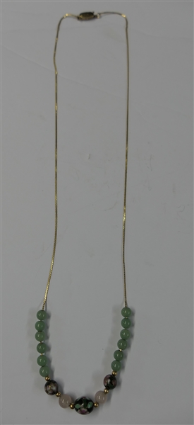 Asian Gold Over Sterling Silver Necklace with Jade and Cloisonné Beads - Marked "Silver" on Clasp - Necklace Measures 24"