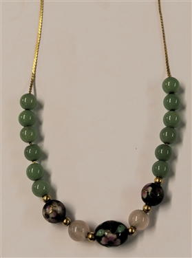 Asian Gold Over Sterling Silver Necklace with Jade and Cloisonné Beads - Marked Silver on Clasp - Necklace Measures 24