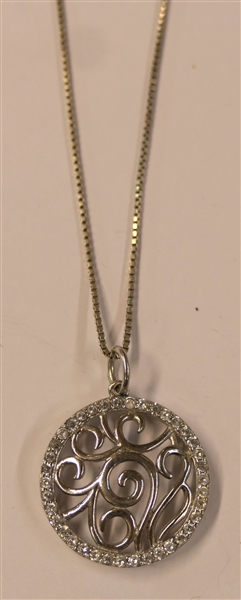 Sterling Silver Necklace with Sterling Silver Filigree Pendant with CZ Halo - Necklace Measures 18" Long Pendant 1" Across