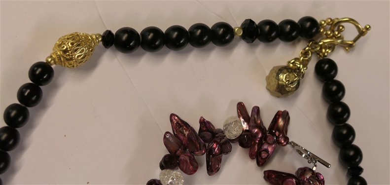 Necklace with Amethyst Baroque Pearls and Crystal Beads and Black Beaded Necklace with Gold Tone Spacer Beads - Pearl Necklace Measures 18