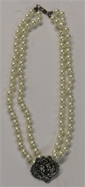 Double Strand of Pearl Style Beads with Sterling Silver Clasp - Sterling Silver Cherub Enhancer in Center - Necklace Measures 18