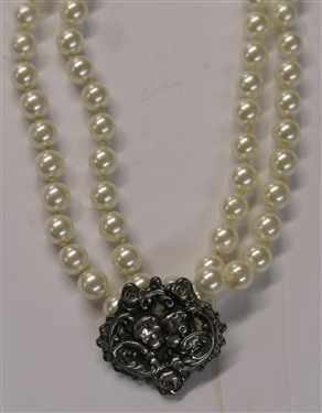 Double Strand of Pearl Style Beads with Sterling Silver Clasp - Sterling Silver Cherub Enhancer in Center - Necklace Measures 18