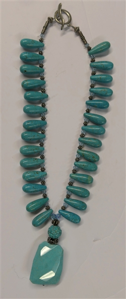 Turquoise Beaded Necklace with Turquoise Teardrop Beads with Faceted Turquoise Pendant - Necklace Measures 17"