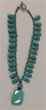 Turquoise Beaded Necklace with Turquoise Teardrop Beads with Faceted Turquoise Pendant - Necklace Measures 17
