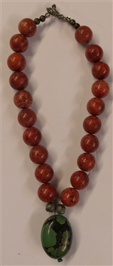 Beaded Necklace with Large Carnelian Beads and Green Turquoise Bead Pendant -Carnelian Beads Measure 1/2 - Necklace Measures 19 - Pendant Measures1 1/2