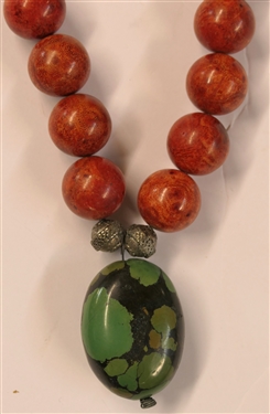 Beaded Necklace with Large Carnelian Beads and Green Turquoise Bead Pendant -Carnelian Beads Measure 1/2 - Necklace Measures 19 - Pendant Measures1 1/2