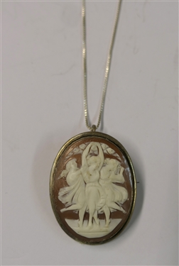 Cameo Pendant with 3 Dancing Women on Sterling Silver Chain - Pin/Pendant Measures 1 1/2 By 1 1/8 - Sterling Chain Measures 18