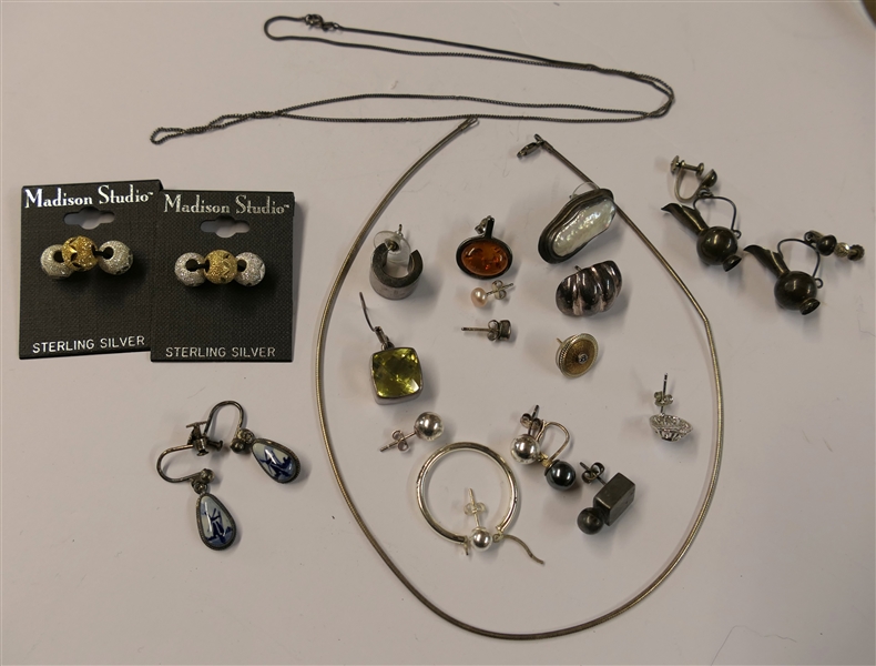 Mixed Group of Sterling Silver Jewelry - Necklaces, Earrings - Pairs and Singles, Sterling Beads, and Some Gemstones 