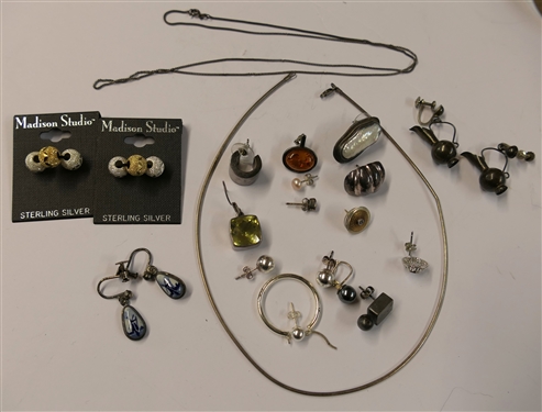 Mixed Group of Sterling Silver Jewelry - Necklaces, Earrings - Pairs and Singles, Sterling Beads, and Some Gemstones 
