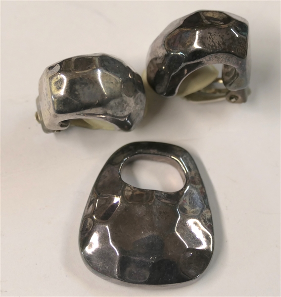 Pair of Simon Sebbag Sterling Silver Hammered Clip on Earrings and Sterling Silver Enhancer - Earrings Marked SSB 925 - Measure 3/4"