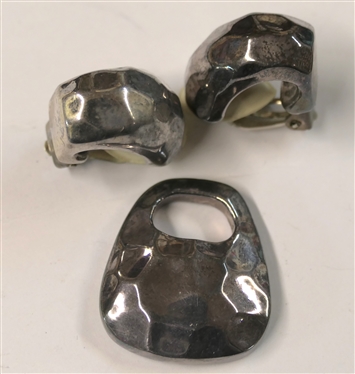 Pair of Simon Sebbag Sterling Silver Hammered Clip on Earrings and Sterling Silver Enhancer - Earrings Marked SSB 925 - Measure 3/4