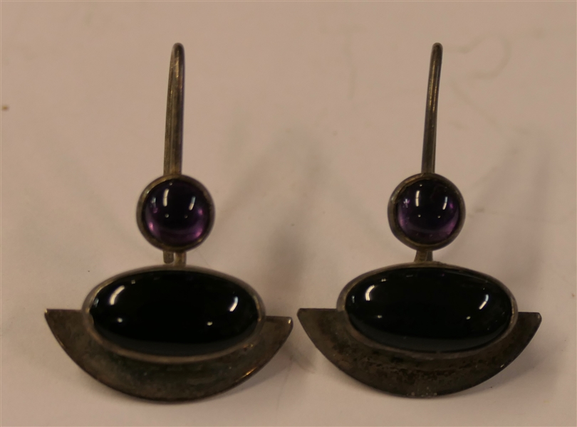 Pretty Sterling Silver Earrings with Black Onyx and Amethyst Stones - Earrings Measure 3/4" Long 