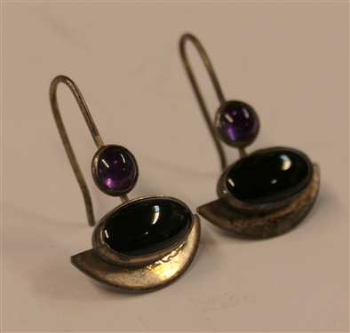 Pretty Sterling Silver Earrings with Black Onyx and Amethyst Stones - Earrings Measure 3/4 Long 