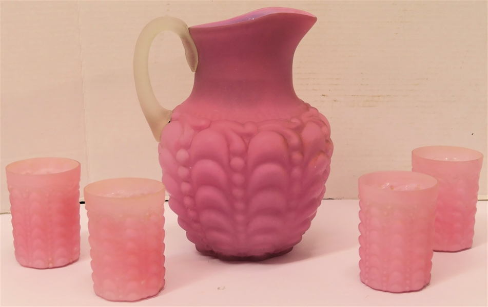 Turn of The Century Consolidated Glass "Guttate" Pink Satin Glass Pitcher and Glasses Set - 9 1/2" Pitcher with Applied Handle and 4 - 4" Tumblers 