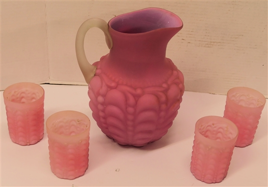 Turn of The Century Consolidated Glass Guttate Pink Satin Glass Pitcher and Glasses Set - 9 1/2 Pitcher with Applied Handle and 4 - 4 Tumblers 